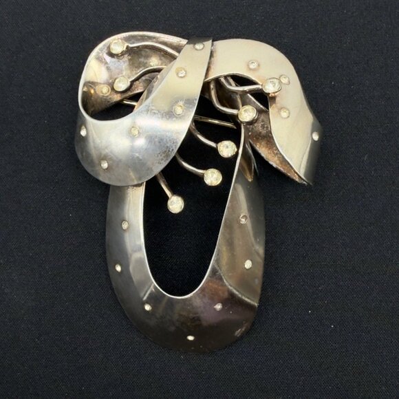 Vtg Sterling Silver Castlecliff Statement Bow Ribbon Brooch Pin Rhinestone NOTE - Picture 1 of 12